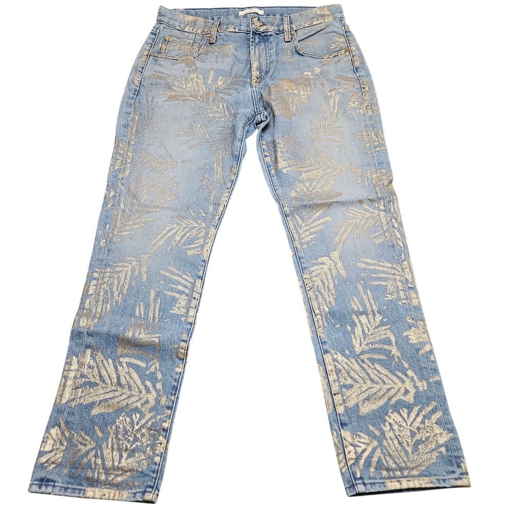 7 For All Mankind Jeans Womens 28 Blue Gold Palm Leaf Foil Straight Leg Denim